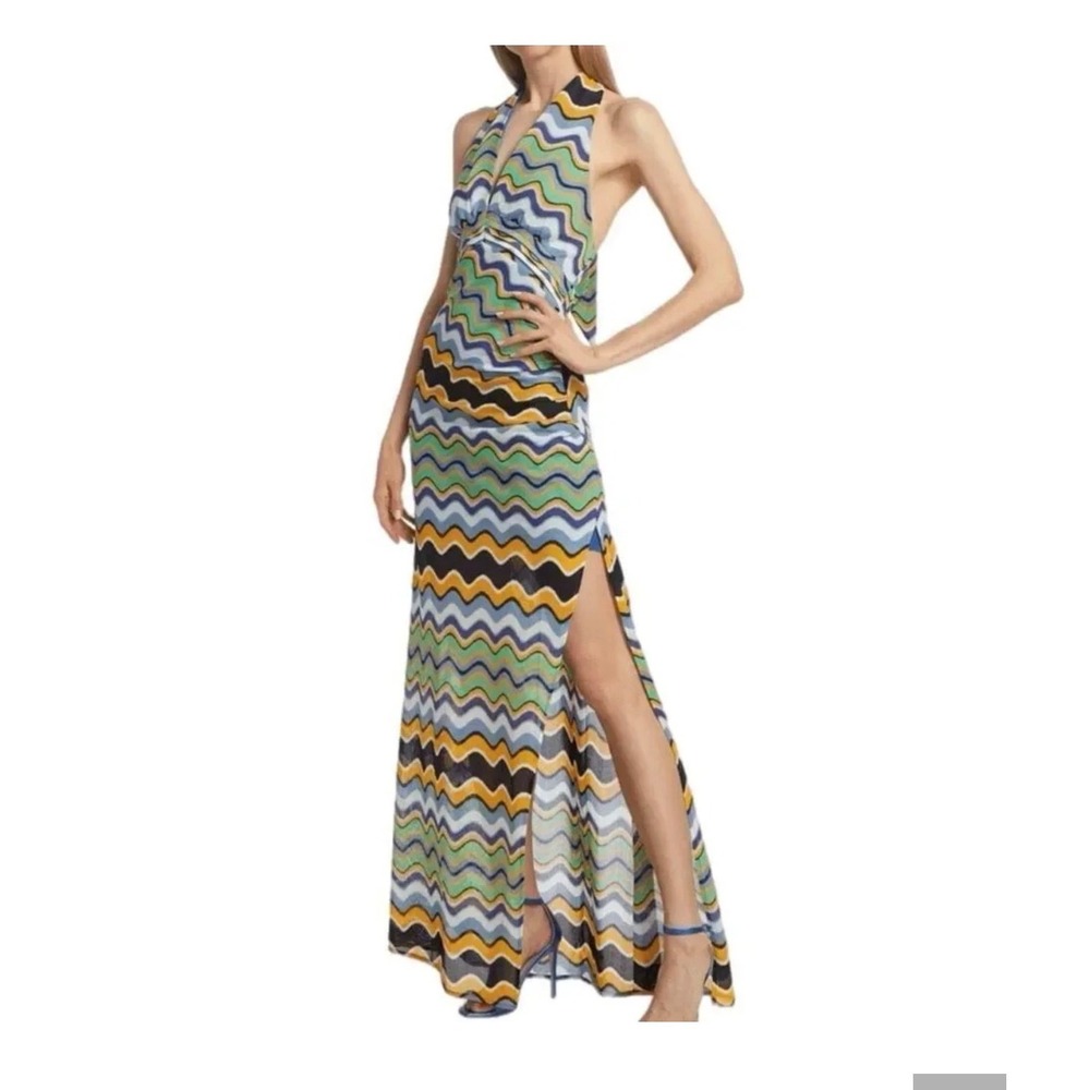 Ramy Brook Womens Multicolor Chevron Knit Halter Maxi Dress Side Slit Size 10